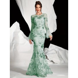 Elegant Mint Green Floral Evening Gown for Women - Long Sleeve, A-Line Mermaid Dress with Sheer Overlay, Perfect for Weddings and Formal Events, Formal Evening Gown