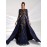 Elegant Women'S Formal Banquet Dress with Sequin Detail - Long Sleeve, Round Neck, Detachable Cape, Navy Blue/Golden Floral Print, Polyester, Perfect for Weddings and Special Occasions