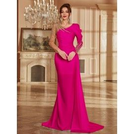 Women's Formal Evening gown - V-Neck Long Formal dress with Zipper back, Elegant Mermaid Party, Wedding, State Gala - Machine Washable Formal Attire in Bright Pink