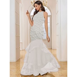 Sequin Open Back Mesh Layered Evening Gown, Elegant Women'S Party Dress for Weddings, Graduations, and Formal Dinners with Slight Stretch Fit Mermaid Skirt