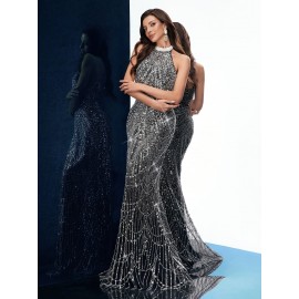 [Elegant Dress] Elegant Sleeveless Formal Dinner Dress | Champagne Halterneck Fishtail for Women - Sparkling Sequins, Mermaid Silhouette, Perfect for Galas & Weddings, Sophisticated Style, Intricate Embellishments