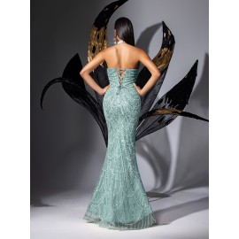 [Elegant Dress] Elegant Sleeveless Formal Dinner Dress | Champagne Halterneck Fishtail for Women - Sparkling Sequins, Mermaid Silhouette, Perfect for Galas & Weddings, Sophisticated Style, Intricate Embellishments