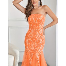 Stunning Sequined Mermaid Wedding Dress - Elegant Sleeveless Mesh Tube Gown for Party, Banquet, Engagement Ceremony, Wedding Occasion - Women's Formal Clothing for Special Events