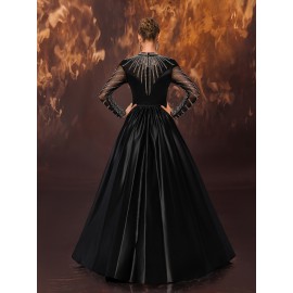 Women's Elegant Black Evening Gown - Satin & Mesh Cocktail Dress with Stand-Up Collar, Rhinestone Embellishments, Fitted Silhouette & Micro-Stretch Fabric for Galas, Weddings, Formal Parties