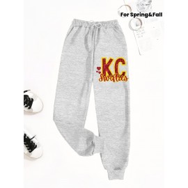 [Rugby Print Jogger Pants] Women's Casual Rugby Print Jogger Pants | Loose-Fit Drawstring Sports Trousers for Spring and Autumn | Machine Washable