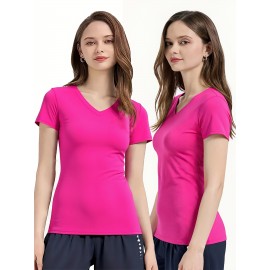 Women'S V-Neck T-Shirt with Left Chest & Sleeve Logo Print, Customizable Personal Design, Soft Breathable Stretch Fabric for Comfortable Movement - Perfect for, Casual Wear, Yoga, Dance & Sports Teams, Comfortable Fit, Durable Construction