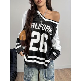 [Soft Stretch V-Neck T-Shirt] Soft Stretch Fabric Women's Casual V-Neck Long Sleeve T-Shirt | California 26 Letter Print, Black & White Striped Mesh Overlay, All-Season Comfort for Casual Attire | Vneck Design | Mesh Overlay Shirt