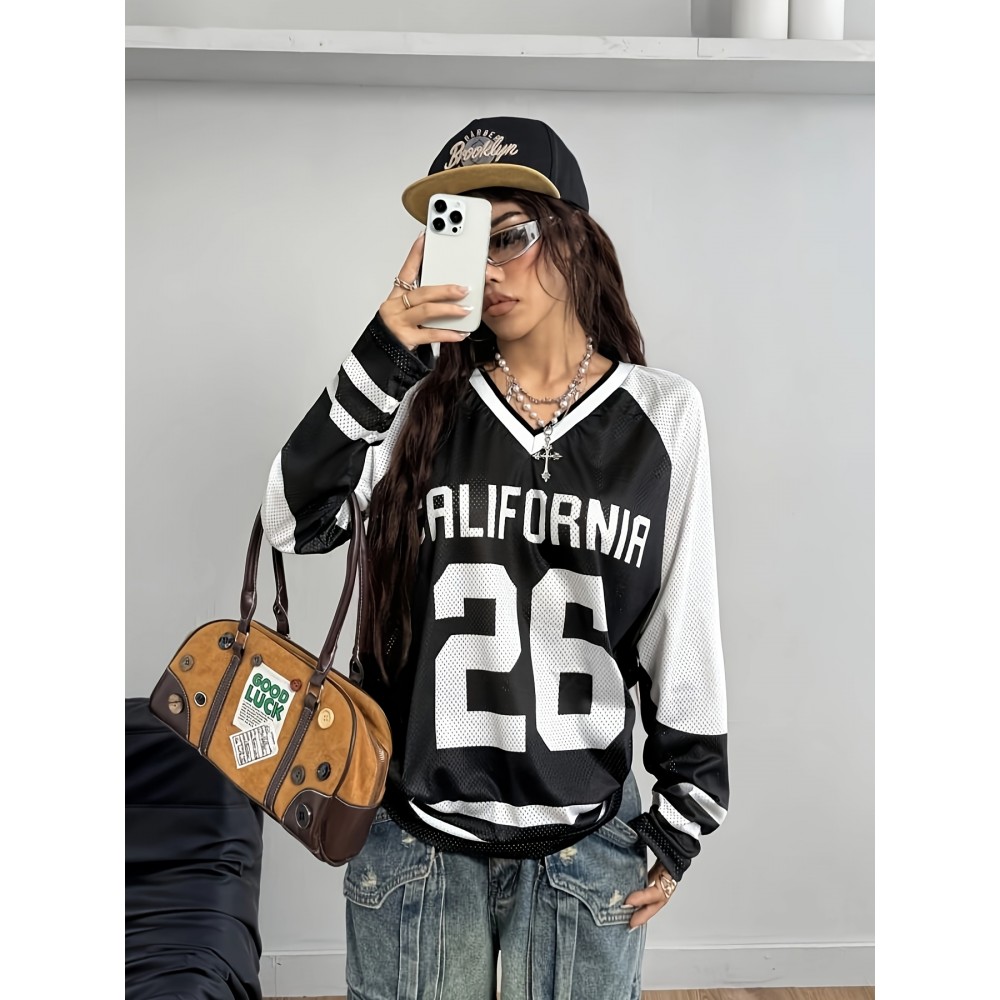 [Soft Stretch V-Neck T-Shirt] Soft Stretch Fabric Women's Casual V-Neck Long Sleeve T-Shirt | California 26 Letter Print, Black & White Striped Mesh Overlay, All-Season Comfort for Casual Attire | Vneck Design | Mesh Overlay Shirt