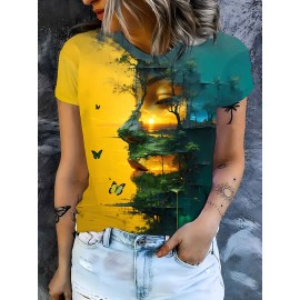 Women'S Artistic Print T-Shirt - High-Quality, Breathable Polyester, Green Forest Sunset Design with Butterflies - Casual & Comfortable for Casual Attire, Perfect for Spring/Summer/Fall