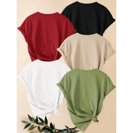 [Versatile Summer T-Shirt Set] 5pcs Versatile Summer T-Shirt Set, Women's Simple Floral Short Sleeve Chrysanthemum Print Round Neck Loose Fit Casual Fashionable Commute Vacation Everyday Top in Multiple Colors 1XL-5XL