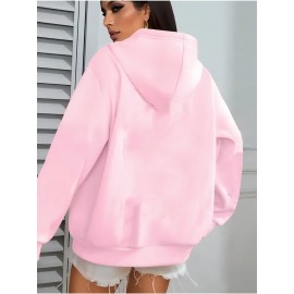 [Plus Size NY Hoodie] Plus Size Women's Light Pink NY Print Hoodie | Comfortable Long Sleeve Zip-Up with Drawstrings, Machine Washable 100% Polyester, Casual Sporty Style