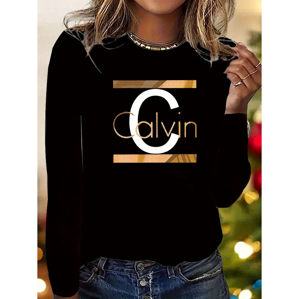 Plus Size - Women'S Oversized Calvin Graphic Print Long Sleeve T-Shirt - Casual Crew Neck, Golden Lettering on Black, Perfect for Spring & Fall, Comfortable Fit, Casual Wear Tee | Oversized Tshirt | Comfortable Fit