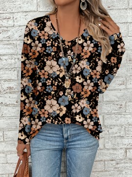 Plus Size, Plus Size Women's Elegant V-Neck Long Sleeve Blouse - Brown/Beige/Taupe Floral Print Tunic Top, Wrinkle-Resistant & Machine Washable, Loose Fit for Jeans or Dresses (Casual to Formal) - Spring Summer Fall Wardrobe Staple