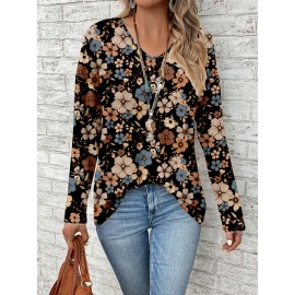 Plus Size, Plus Size Women's Elegant V-Neck Long Sleeve Blouse - Brown/Beige/Taupe Floral Print Tunic Top, Wrinkle-Resistant & Machine Washable, Loose Fit for Jeans or Dresses (Casual to Formal) - Spring Summer Fall Wardrobe Staple