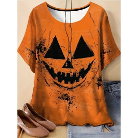 Plus Size, Women's Halloween Pumpkin Face T-Shirt - Purple & Black Spooky Graphic Tee, Plus Size Round Neck Short Sleeve Top for Halloween Party Outfits, Everyday Casual Wear - Machine Washable Costume Apparel, Halloween Clothes
