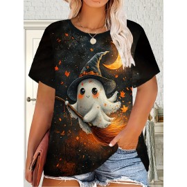 Plus Size - Women'S Plus Size Halloween Ghost Print T-Shirt - Cute Witch Hat & Broom Design, Breathable Polyester Blend, Round Neck Short Sleeve Top, Machine Washable Casual Summer Outfit, Lightweight & Comfortable for Casual Attire, Halloween Shirts