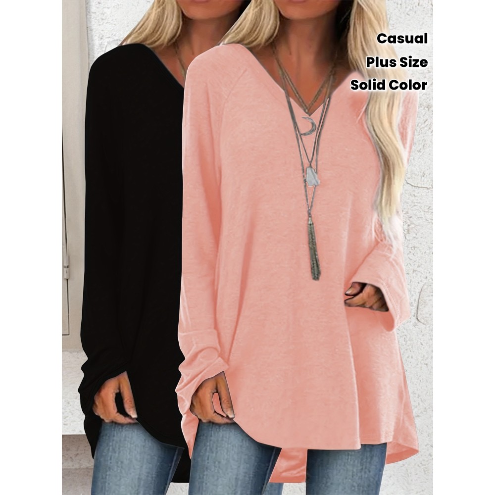 Plus Size - 2pcs Women'S Casual Long Sleeve V-Neck T-Shirts, Solid Color Asymmetrical Hem, Medium Stretch, Relaxed Fit, Plus Size, Fall Fashion Top Tee, Ladies T Shirts