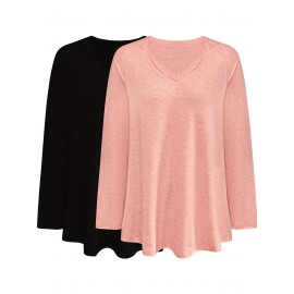 Plus Size - 2pcs Women'S Casual Long Sleeve V-Neck T-Shirts, Solid Color Asymmetrical Hem, Medium Stretch, Relaxed Fit, Plus Size, Fall Fashion Top Tee, Ladies T Shirts