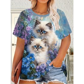 [Plus Size Floral Cat T-Shirt] Plus Size Women's 3D Floral & Cat Print T-Shirt - Stretchy Round Neck Short Sleeve Summer Top, Machine Washable Casual Elegant Outdoor Wear