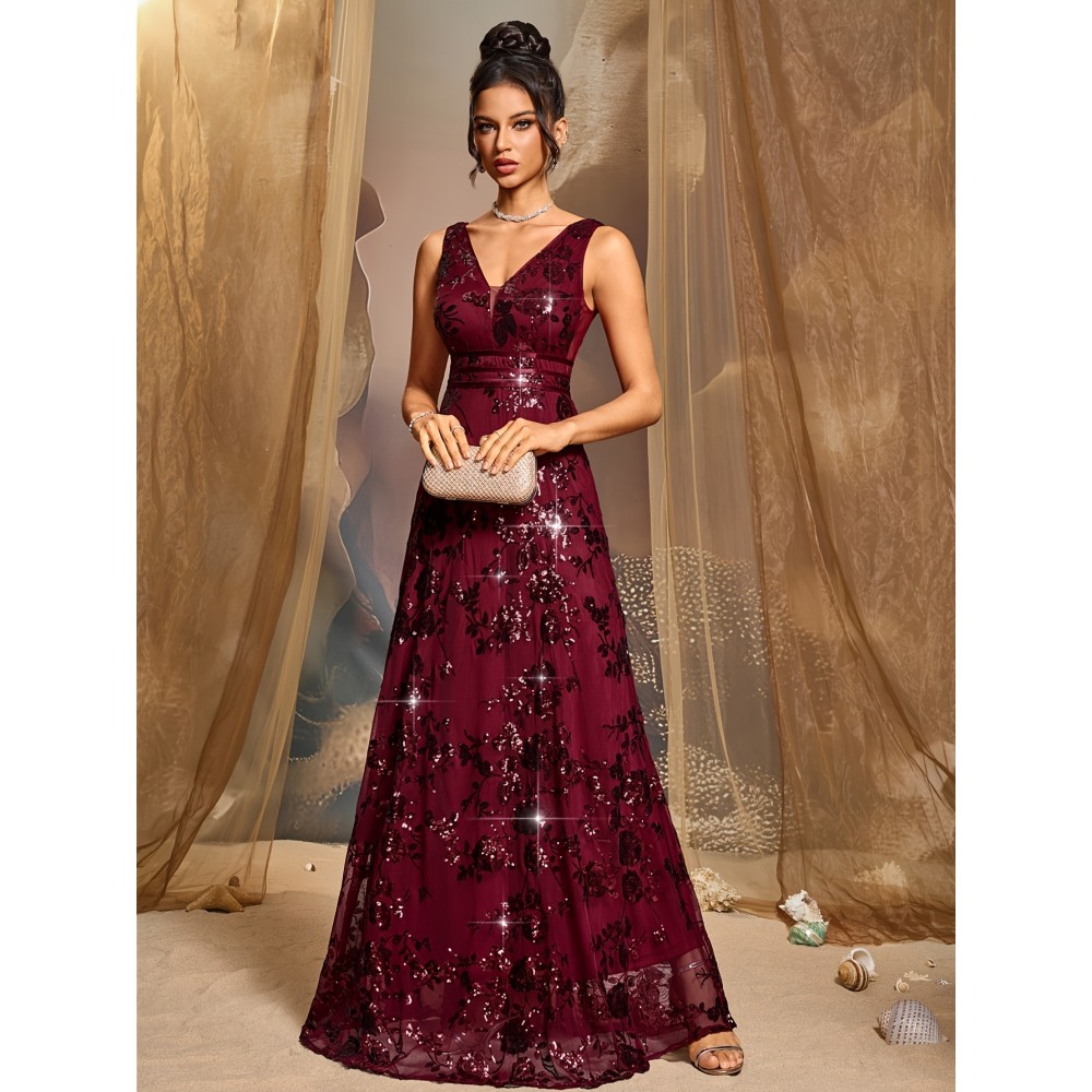 Elegant Wine Red Sequin V-Neck Gown for Women - Waist, Long Evening Dress for Parties, Banquets, and Formal Events, Perfect for Graduations and Cocktail Parties, Elegant Event Attire | Vneck Design | Shimmering Sequins