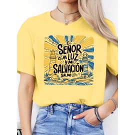 Women's Casual Short Sleeve T-Shirt - Vibrant Yellow Spanish Letter Print with Lighthouse & Wave Design, Inspirational 