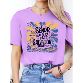 Women's Casual Short Sleeve T-Shirt - Vibrant Yellow Spanish Letter Print with Lighthouse & Wave Design, Inspirational 