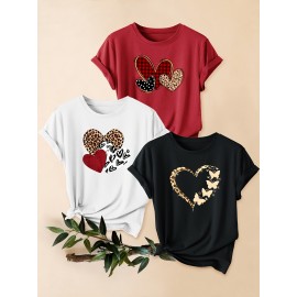 3pcs Women'S Casual Short Sleeve T-Shirts with Leopard Print & Heart Design - Loose Fit, Round Neck, Medium Stretch, All-Season Comfort, Available in 1XL-5XL Sizes, Leopard Print T Shirt, Vacation Clothing, Trendy Fashion, Comfortable Fit