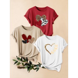 3pcs Women'S Casual Short Sleeve T-Shirts with Leopard Print & Heart Design - Loose Fit, Round Neck, Medium Stretch, All-Season Comfort, Available in 1XL-5XL Sizes, Leopard Print T Shirt, Vacation Clothing, Trendy Fashion, Comfortable Fit