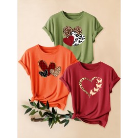 3pcs Women'S Casual Short Sleeve T-Shirts with Leopard Print & Heart Design - Loose Fit, Round Neck, Medium Stretch, All-Season Comfort, Available in 1XL-5XL Sizes, Leopard Print T Shirt, Vacation Clothing, Trendy Fashion, Comfortable Fit