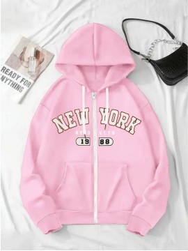 [Plus Size NY Hoodie] Plus Size Women's Light Pink NY Print Hoodie | Comfortable Long Sleeve Zip-Up with Drawstrings, Machine Washable 100% Polyester, Casual Sporty Style
