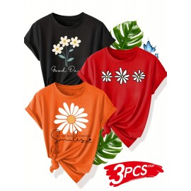 3pcs Floral Print Women'S Casual T-Shirt Set - Black, Red, Beige with Daisy & Sun Design, Short Sleeve, Round Neck, Perfect for Summer, Beach, and Sporty Style, Beach Wear | Floral Print Tee | Comfortable Fit, Ladies T Shirts