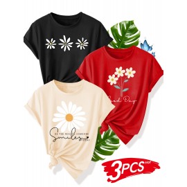 3pcs Floral Print Women'S Casual T-Shirt Set - Black, Red, Beige with Daisy & Sun Design, Short Sleeve, Round Neck, Perfect for Summer, Beach, and Sporty Style, Beach Wear | Floral Print Tee | Comfortable Fit, Ladies T Shirts