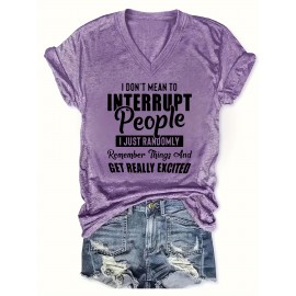 Women'S Casual V-Neck T-Shirt with Alphabet Print, Polyester 60%, Rayon 35%, Spandex 5%, Medium Stretch Knit Fabric, Regular Length, for Spring/Summer/Fall - 180g/m²