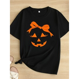 Plus Size - Women'S Plus Size Halloween T-Shirt - Casual Crew Neck Short Sleeve with Jack-O'-Lantern Print, Black, 1-8XL, All-Season Comfort, Halloween Clothing | Halloween Apparel | Stretchable Fabric